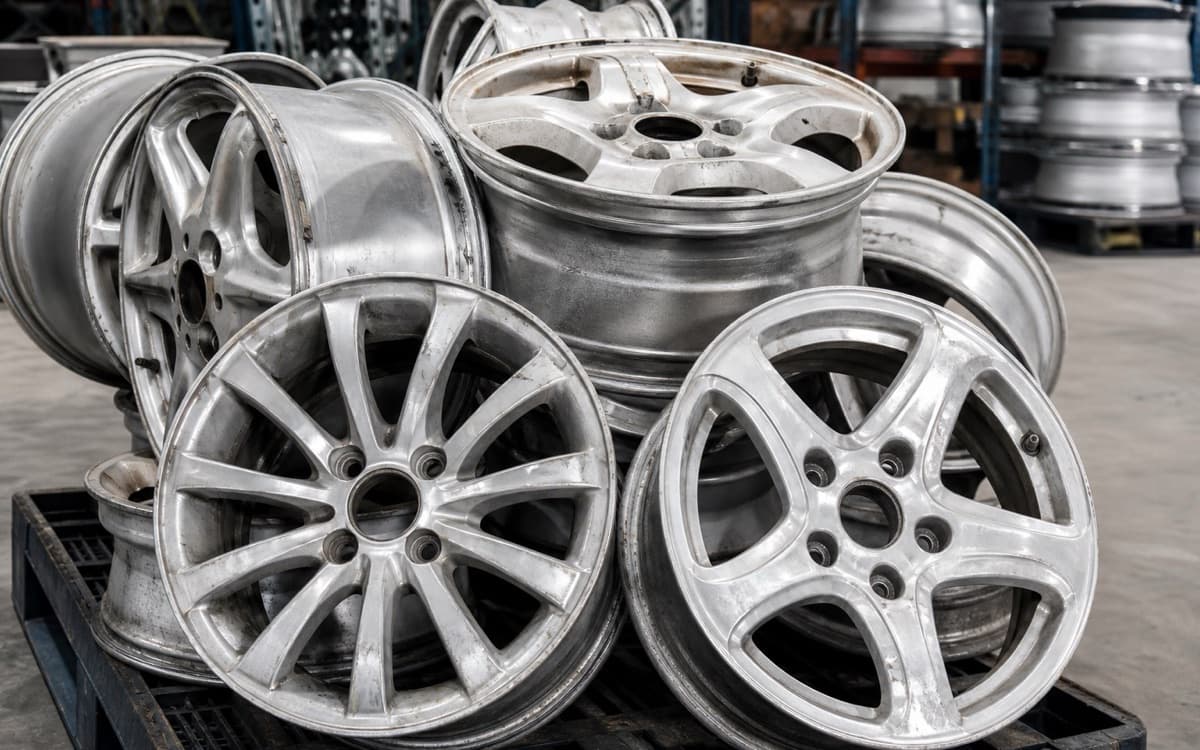 Used bare aluminium alloy vehicle wheels stacked on a pallet