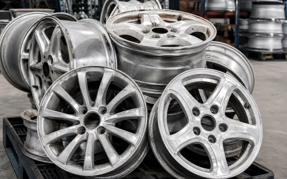 Used bare aluminium alloy vehicle wheels stacked on a pallet
