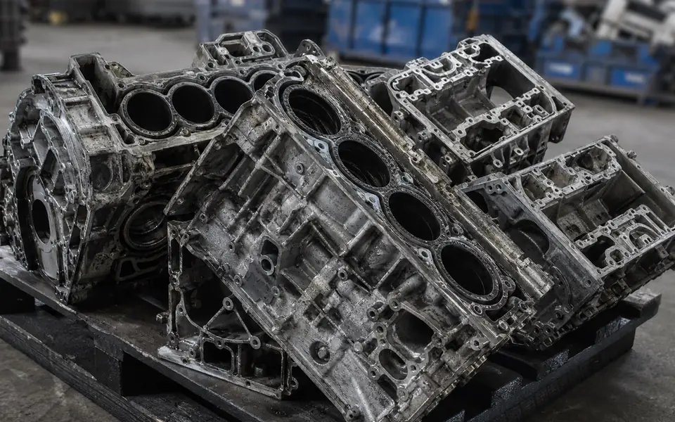 Stripped aluminium automotive engine blocks on a pallet