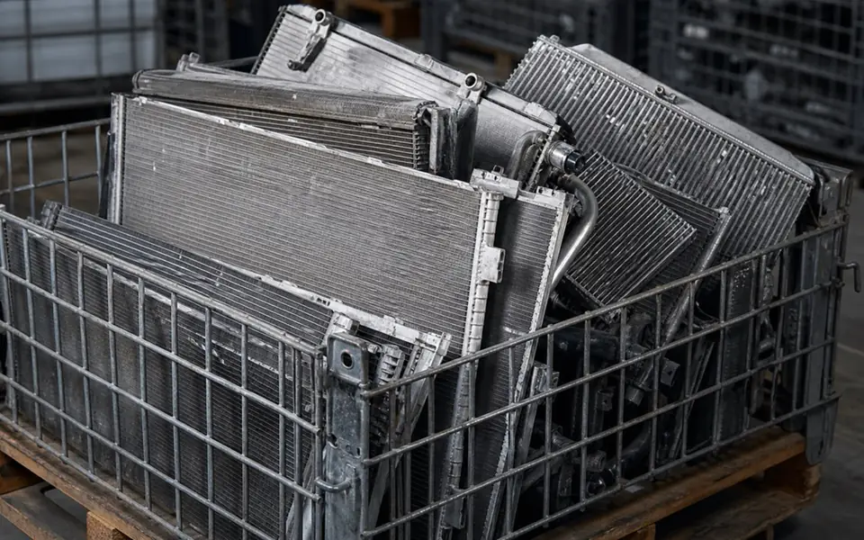 Used aluminium automotive radiator and condenser cores in a cage