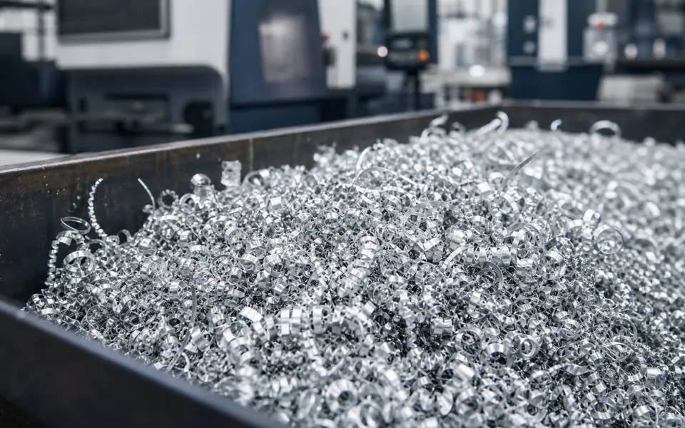 Bright aluminium machining turnings and chips in a steel bin