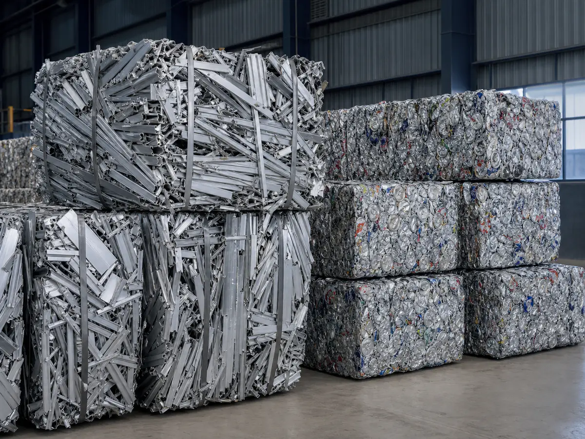 Compressed aluminium extrusion offcuts and used beverage can bales in a recycling warehouse