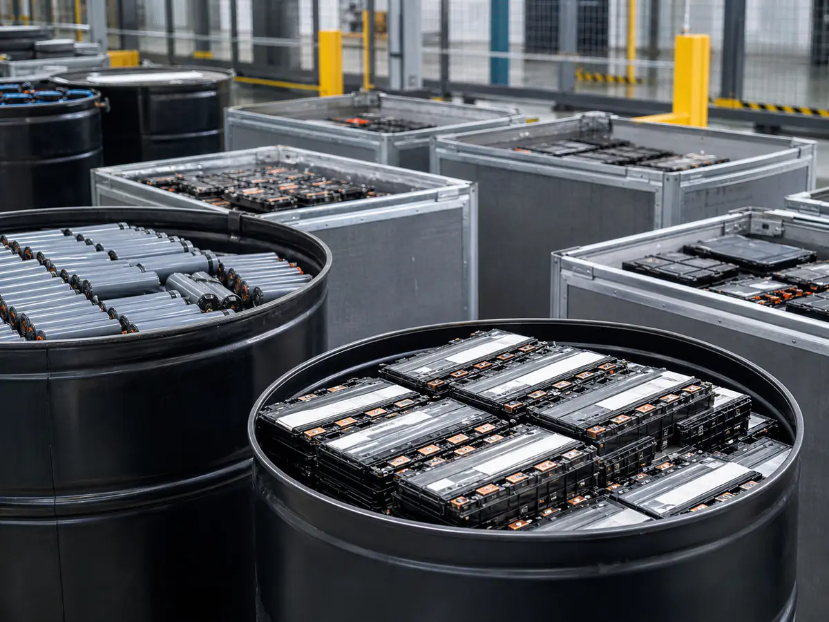 Battery modules and cells secured in compliant industrial recycling containers