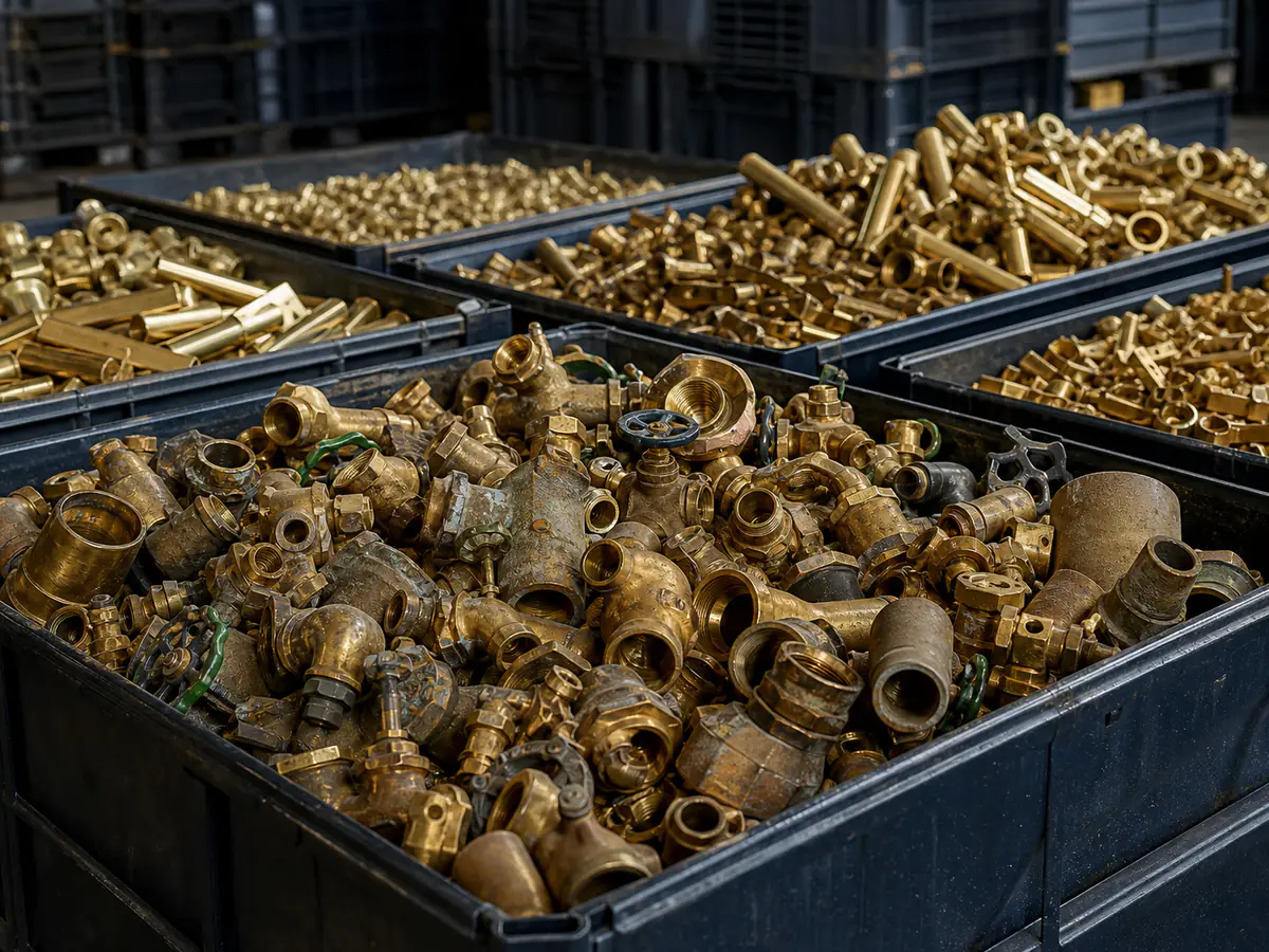 Sorted brass valves, fittings and offcuts in warehouse bins