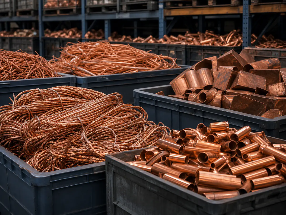 Sorted bare copper wire bundles and copper tube offcuts in pallet bins
