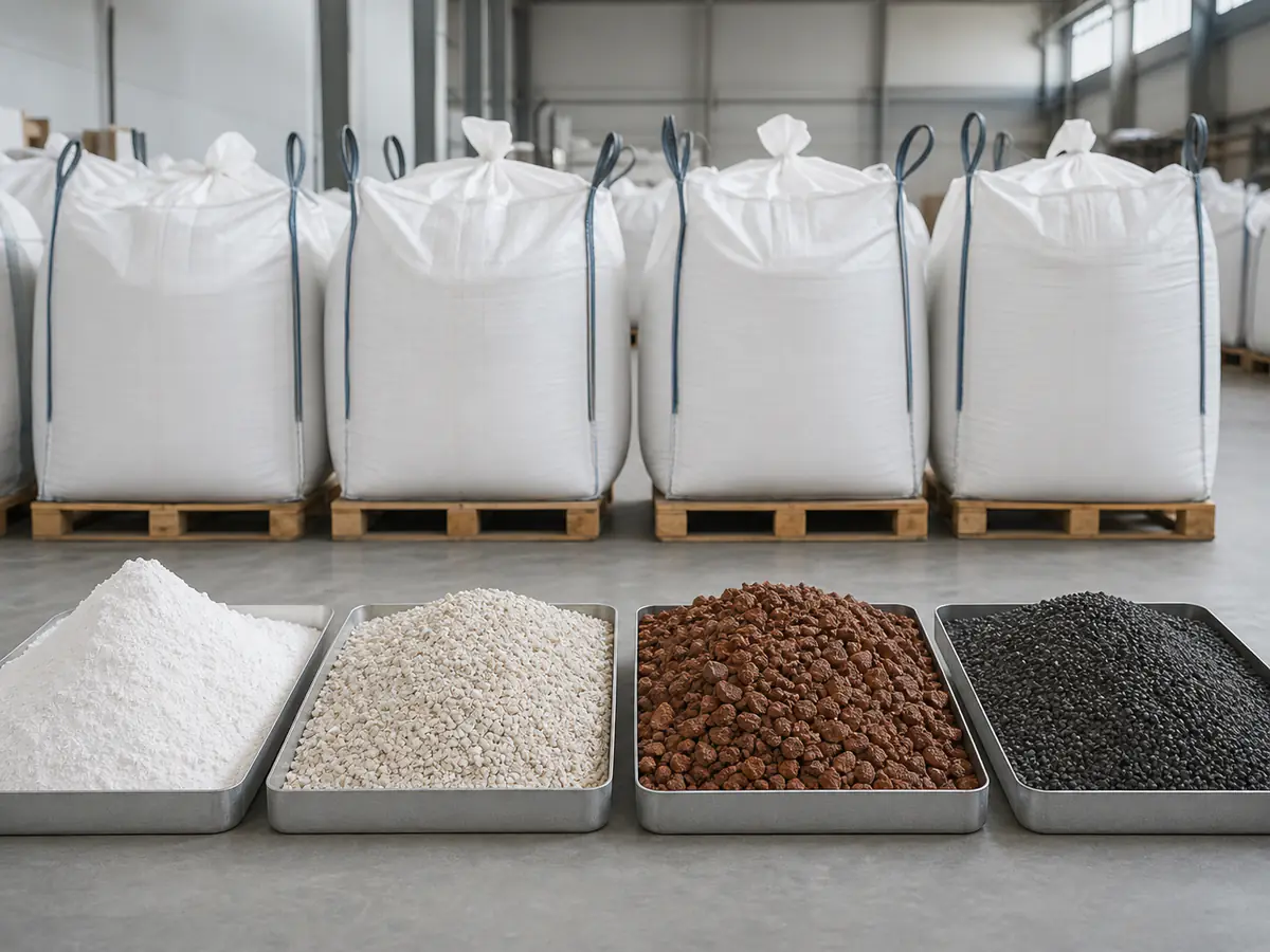 Processed industrial mineral powders and granules with palletised bulk bags