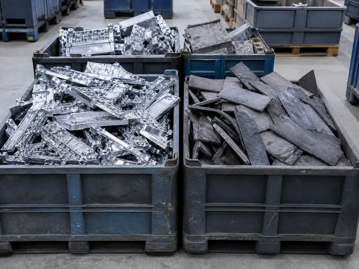 Zinc die-cast offcuts and lead sheet scrap stored separately in industrial bins