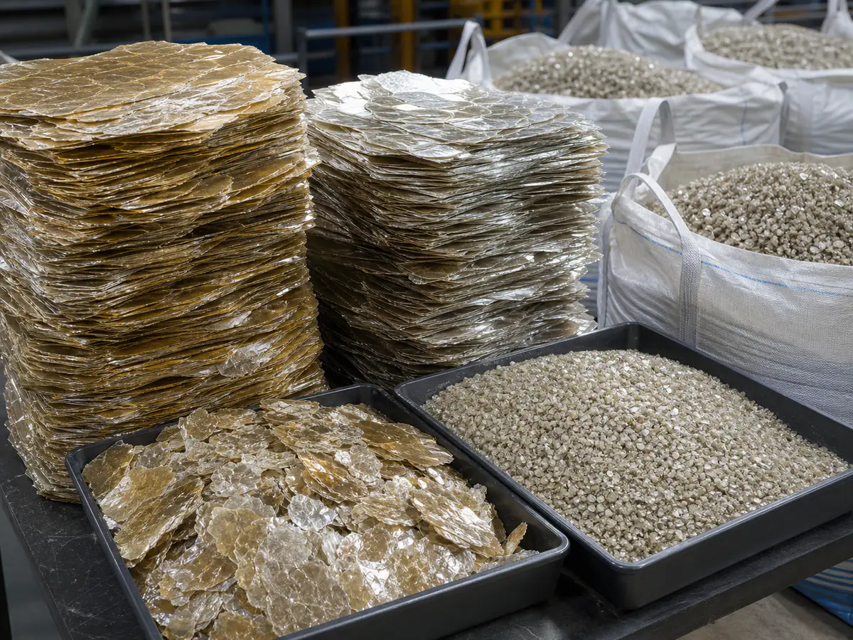 Stacks of natural mica sheets with processed mica flakes and granules
