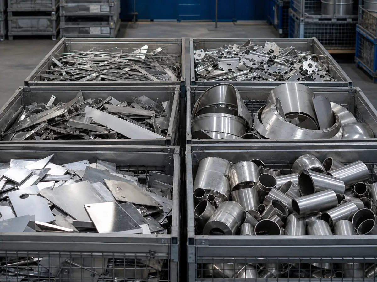 Segregated stainless steel sheet, pipe and fabrication offcuts in stillages