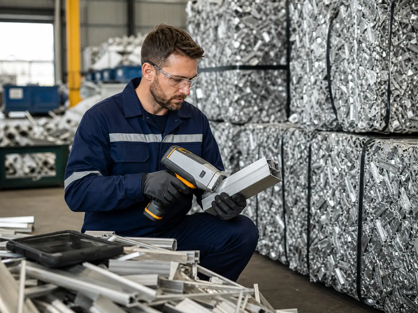 Inspector using a handheld analyser to verify aluminium scrap composition